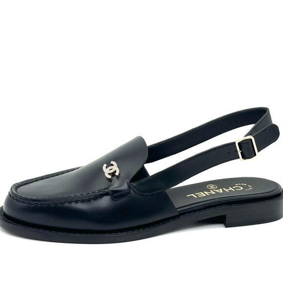 CHANEL REV Crystal CC Logo Leather Slingback Flat Loafers Shoes Sandals - Picture 3 of 16
